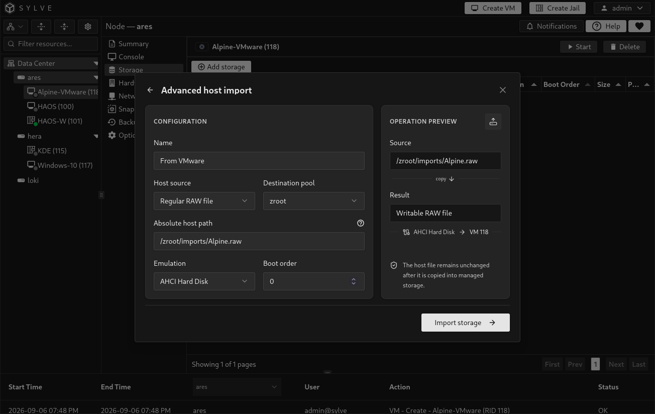 Advanced host import dialog for Alpine-VMware, importing /zroot/imports/Alpine.raw as From VMware into zroot with AHCI Hard Disk emulation and boot order 0, with a preview confirming the source remains unchanged