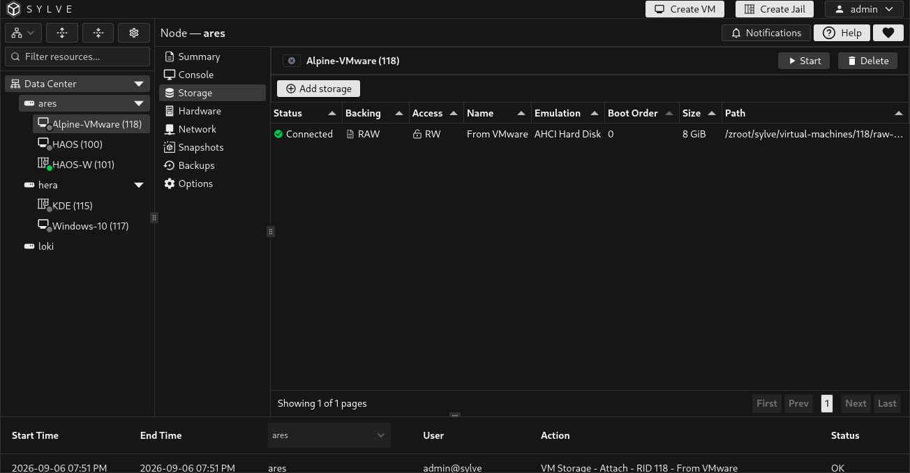 Storage page for the shut-off Alpine-VMware VM showing From VMware as a connected writable 8 GiB RAW disk with AHCI Hard Disk emulation, boot order 0, and a managed path under zroot/sylve/virtual-machines