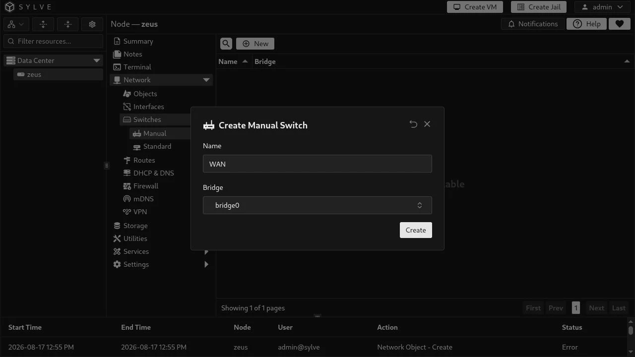Create Manual Switch dialog filled with the name WAN and the existing bridge0 bridge