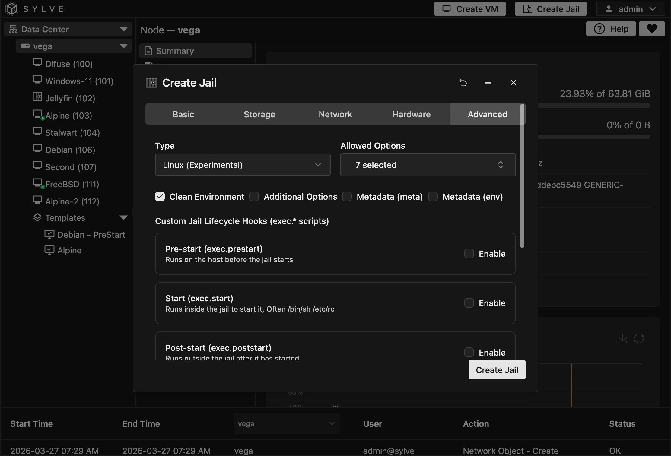 Create Jail Advanced tab with Linux selected, the default Linux allowed options retained, Clean Environment enabled, and lifecycle hooks disabled