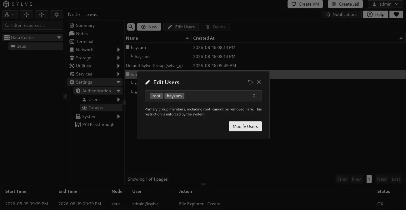 Edit Users dialog for a managed group, showing the available and selected PAM user members
