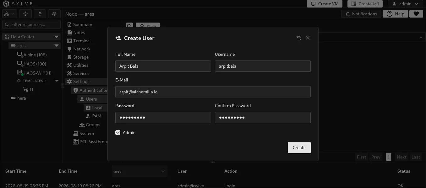 New Local User form with account details, password fields, and the Admin option