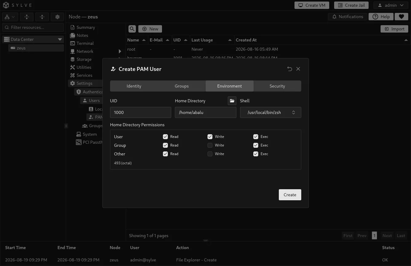 PAM User Environment tab showing UID, home directory, shell, and home-directory permission controls