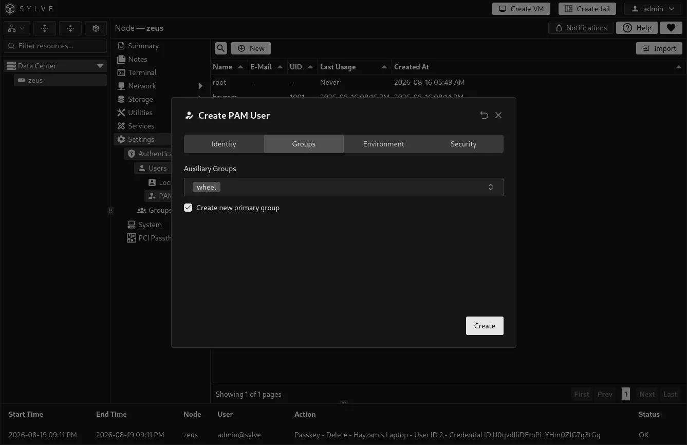 PAM User Groups tab showing a primary group and selected auxiliary groups