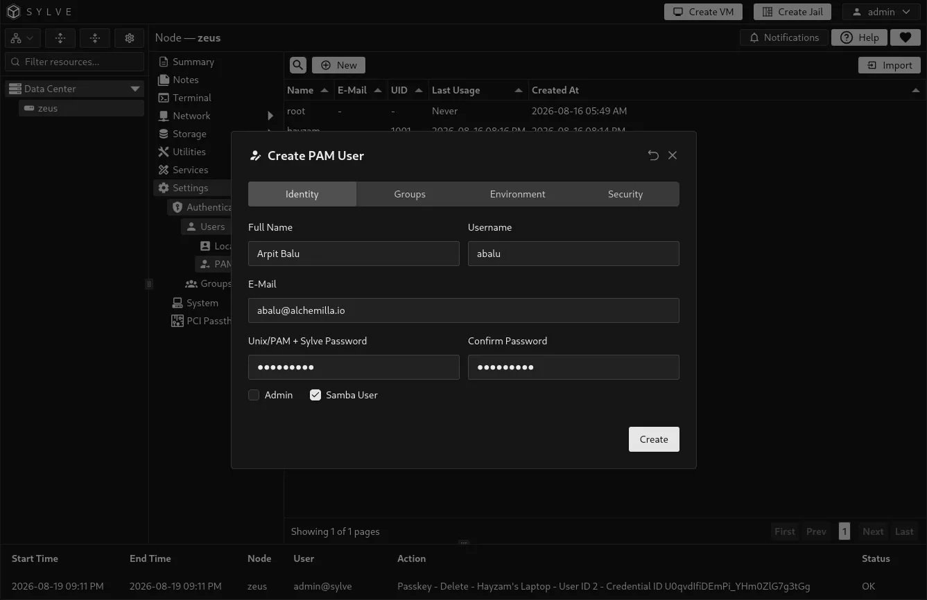 PAM User Identity tab showing user details, shared password fields, administrator access, and Samba user controls