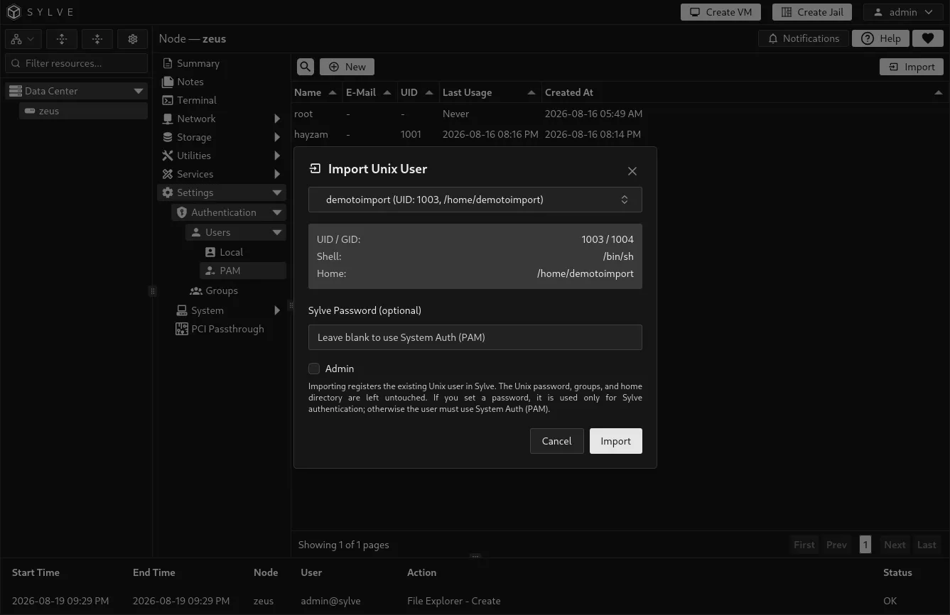 Import User dialog for registering an existing Unix account with optional Sylve credentials and administrator access