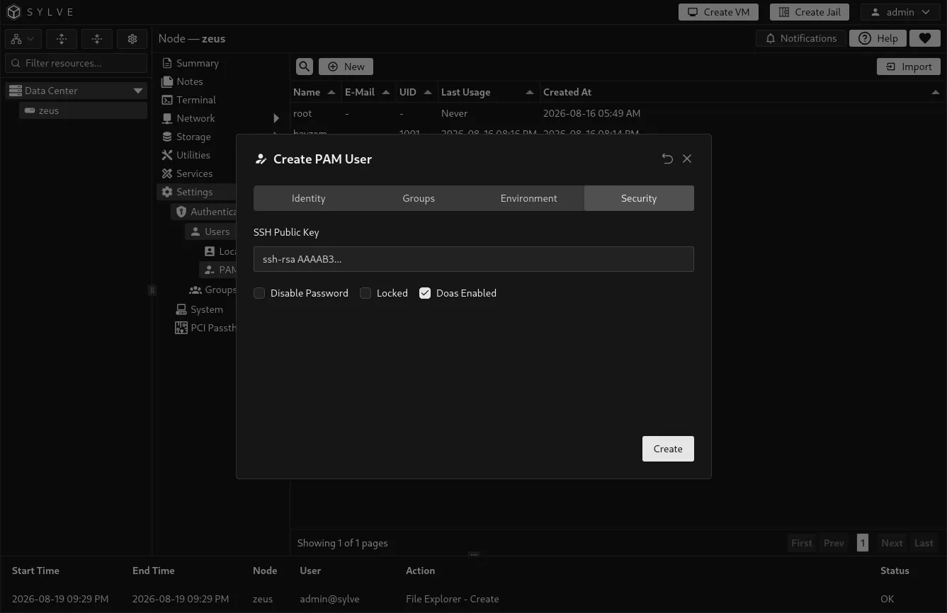 PAM User Security tab showing an SSH public key and account protection controls