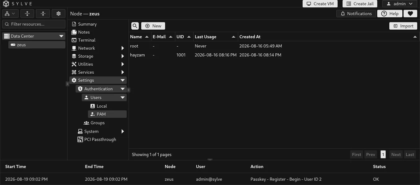 PAM Users table showing managed Unix accounts, UIDs, account details, and available actions