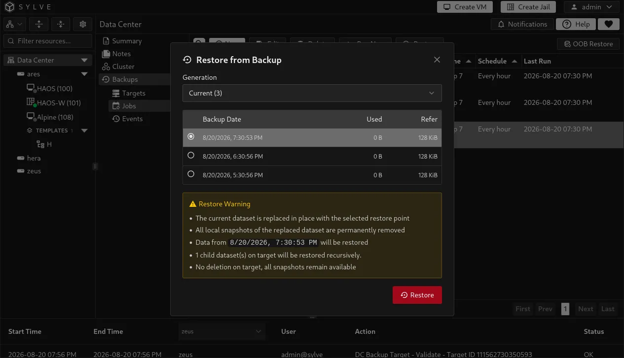Job restore dialog with backup generation and recovery snapshot selection.