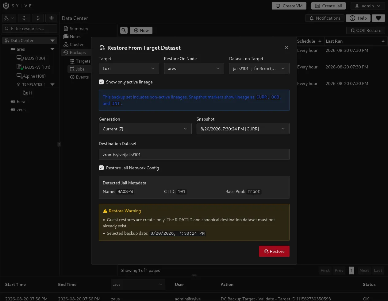 Out-of-band restore form with target, recovery point, destination, and detected guest settings.