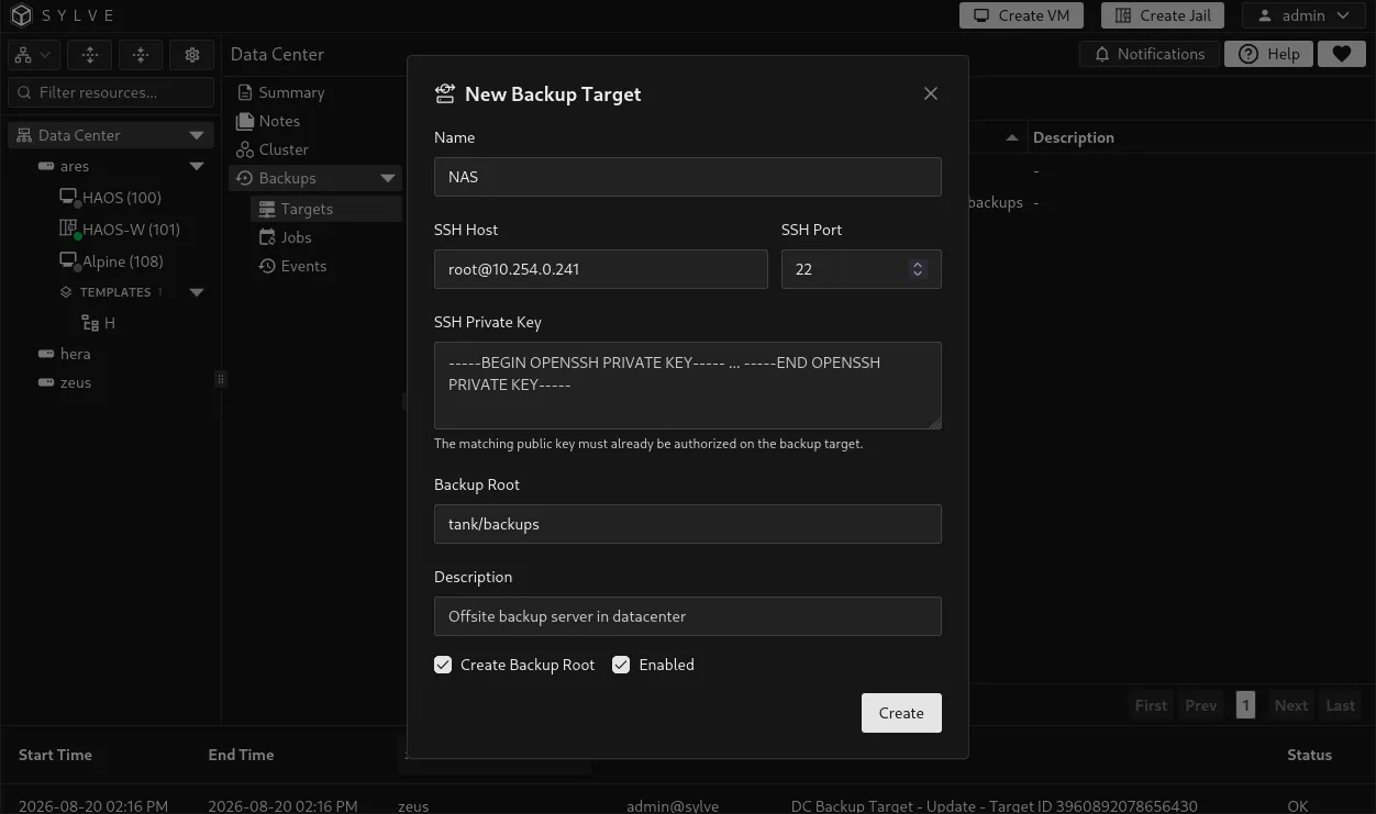 New backup target form with SSH connection details, private key, and remote ZFS backup root