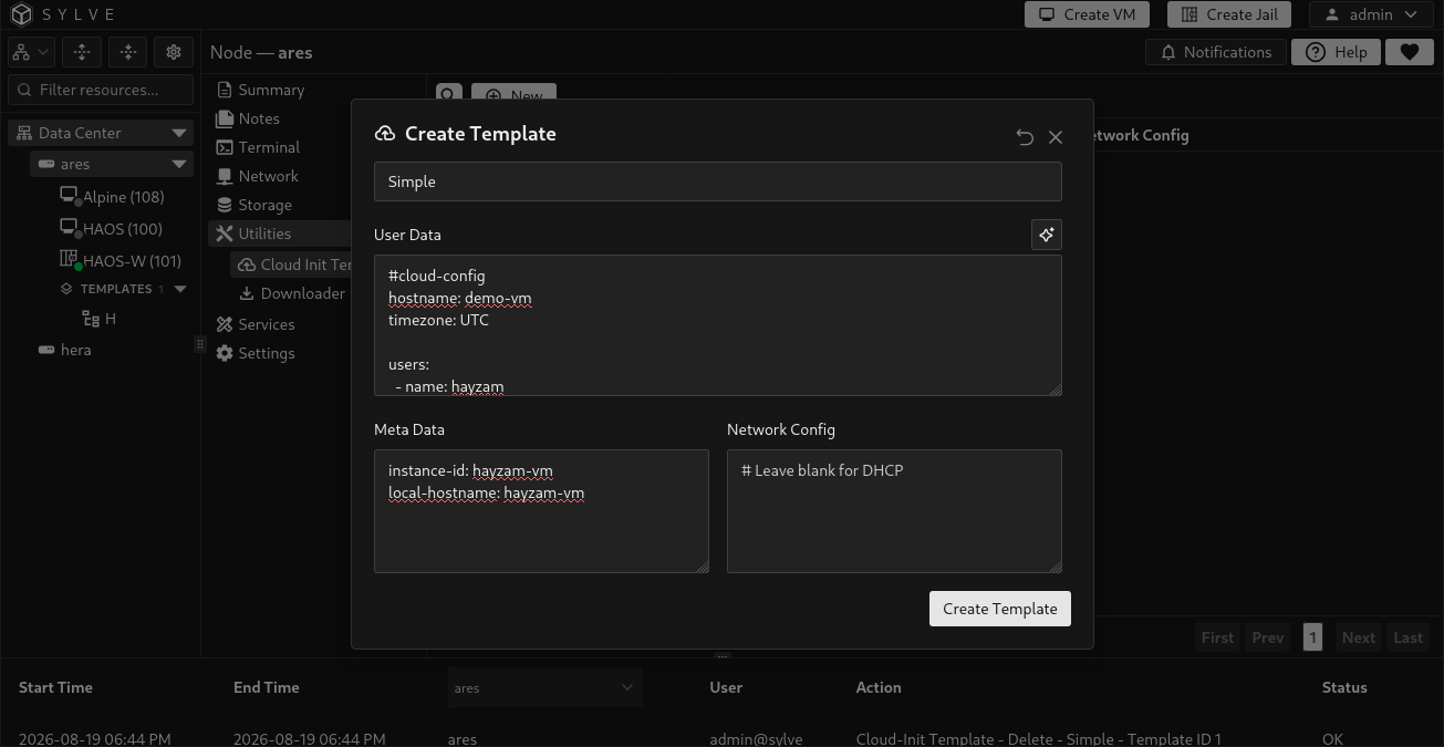 Create Cloud-Init Template dialog with a template name and editable User Data, Meta Data, and Network Config documents
