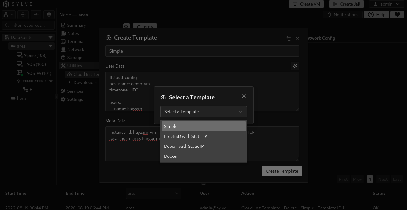 Cloud-Init Template preset selector offering Simple, FreeBSD with Static IP, Debian with Static IP, and Docker templates