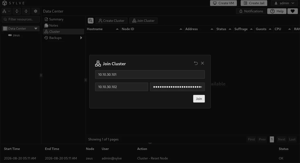 Join Cluster dialog with the joining node address, leader address, and cluster key fields