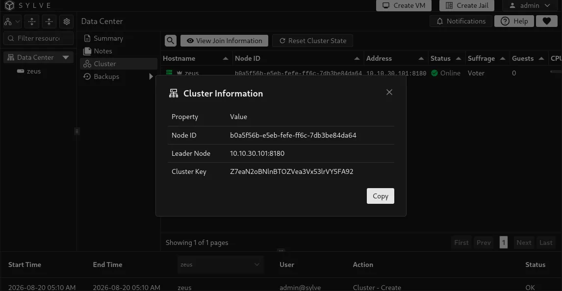 Cluster join information dialog showing the node ID, leader node, and copyable cluster key