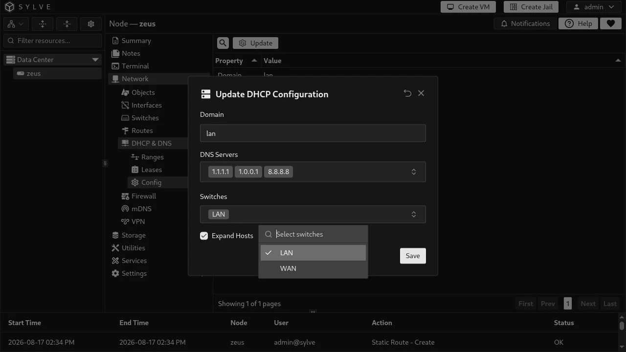 Update DHCP Configuration dialog with LAN selected as a DHCP and DNS switch