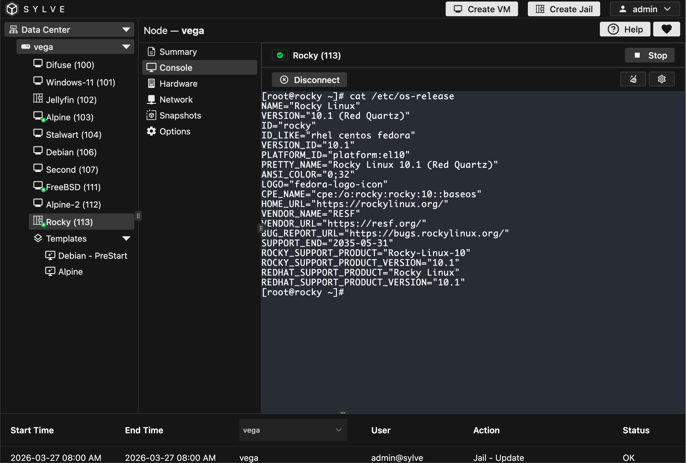 Sylve console connected to a running Rocky Linux jail with a root shell and successful DNF package activity