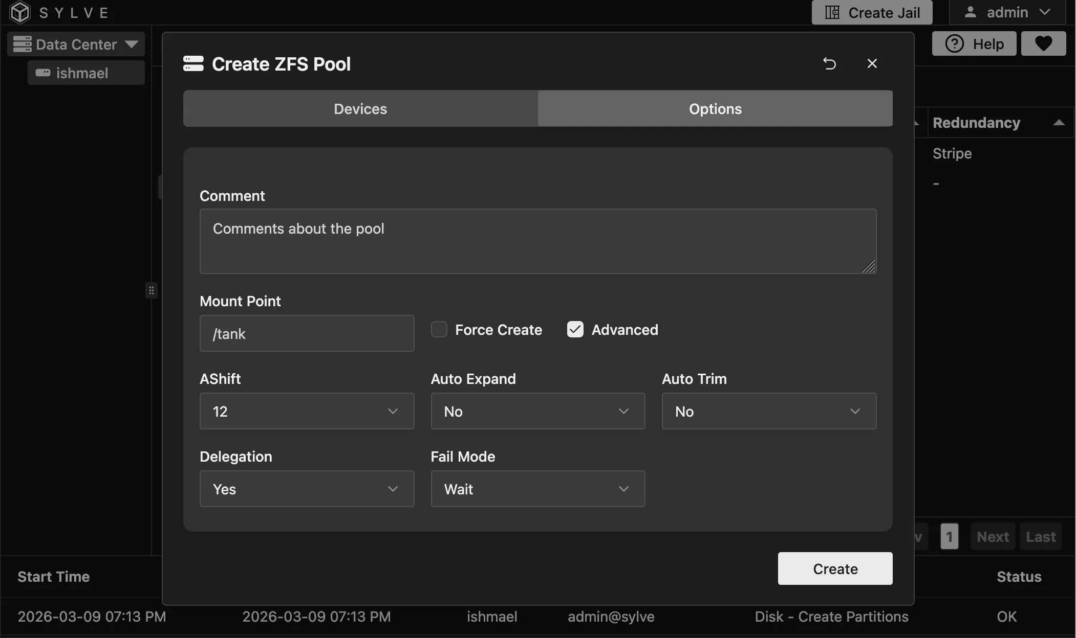 Create Pool Form - Advanced