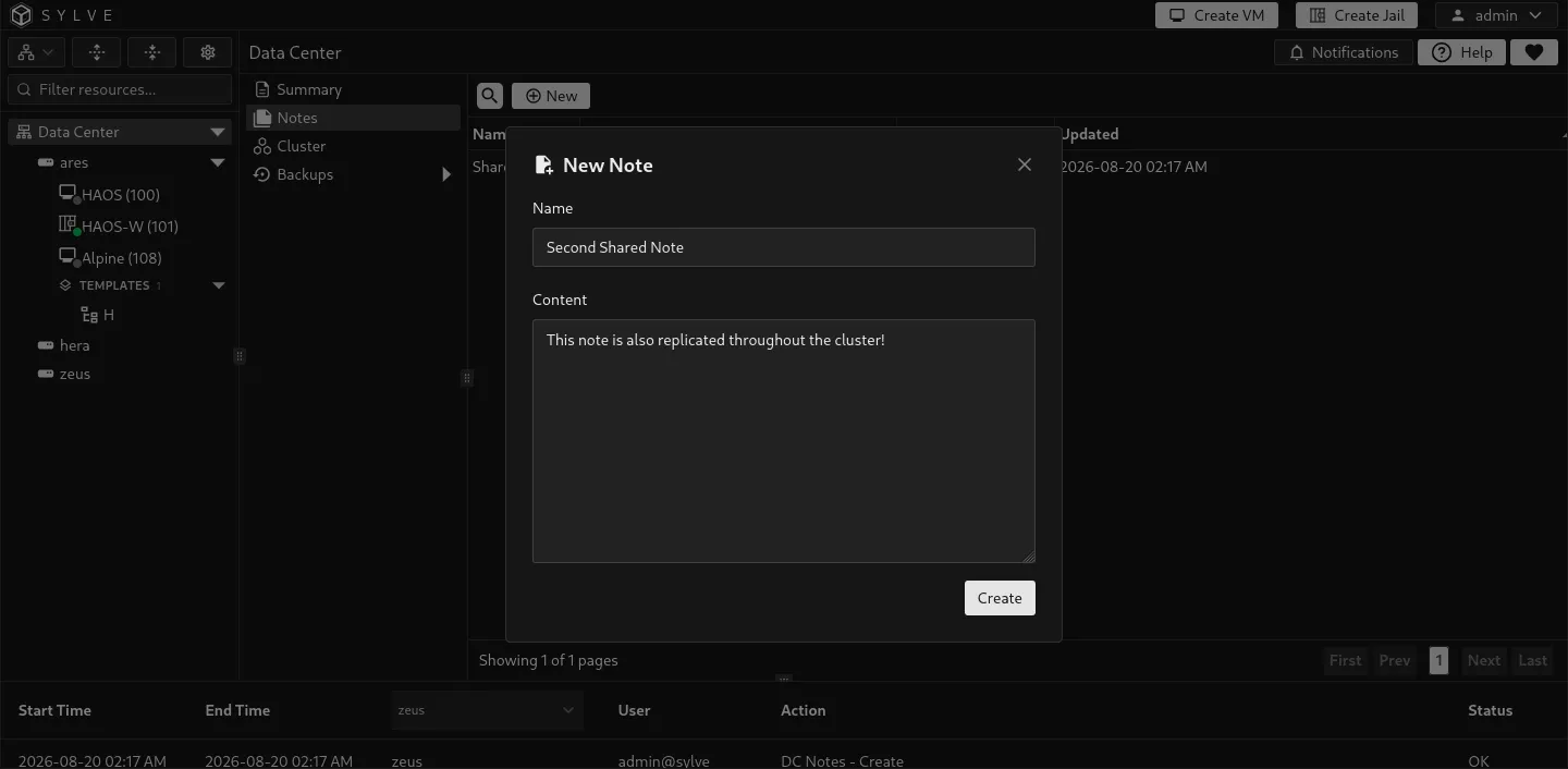 New Data Center Note dialog containing a Markdown maintenance runbook entry