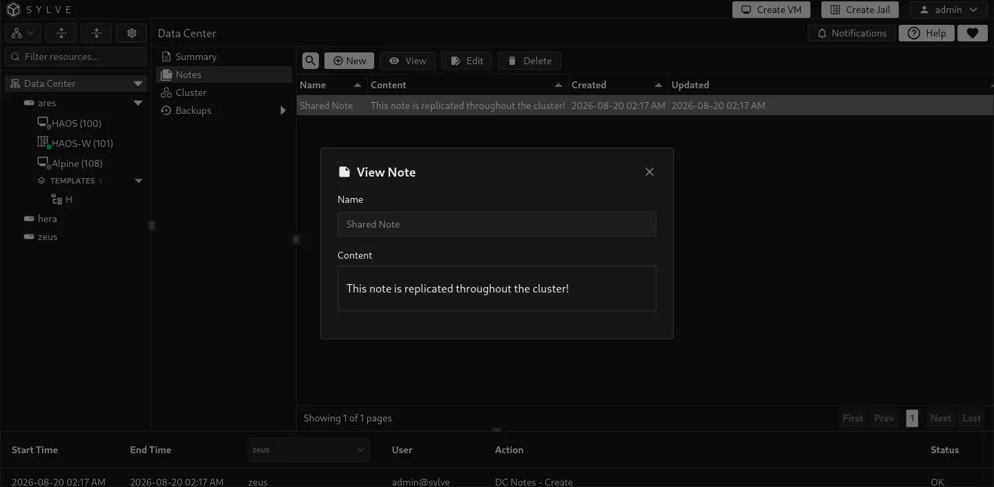Rendered Markdown content in the Data Center Note view dialog