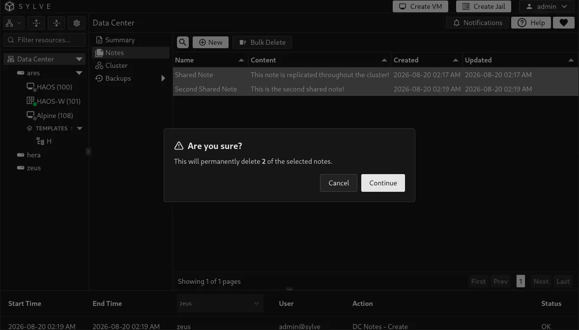 Bulk Delete confirmation for several selected Data Center notes