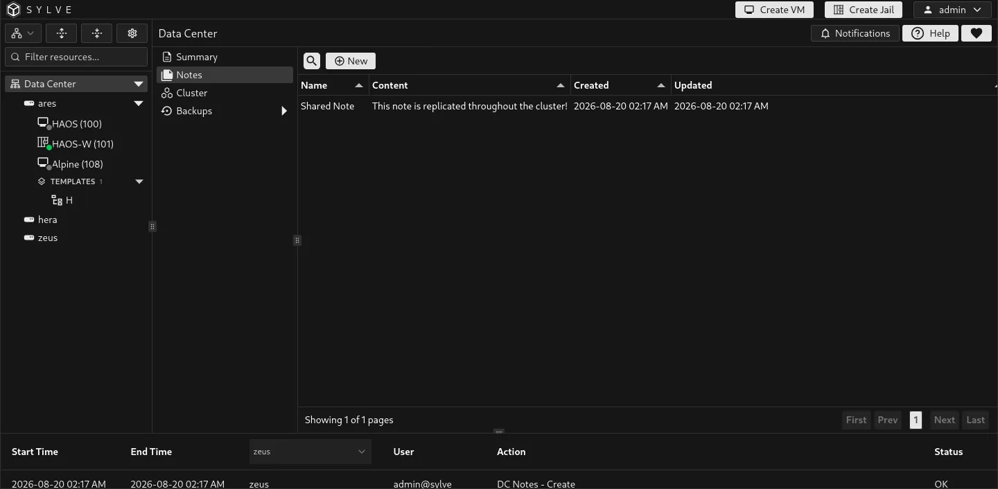 Shared Data Center Notes table with operational notes and the New button