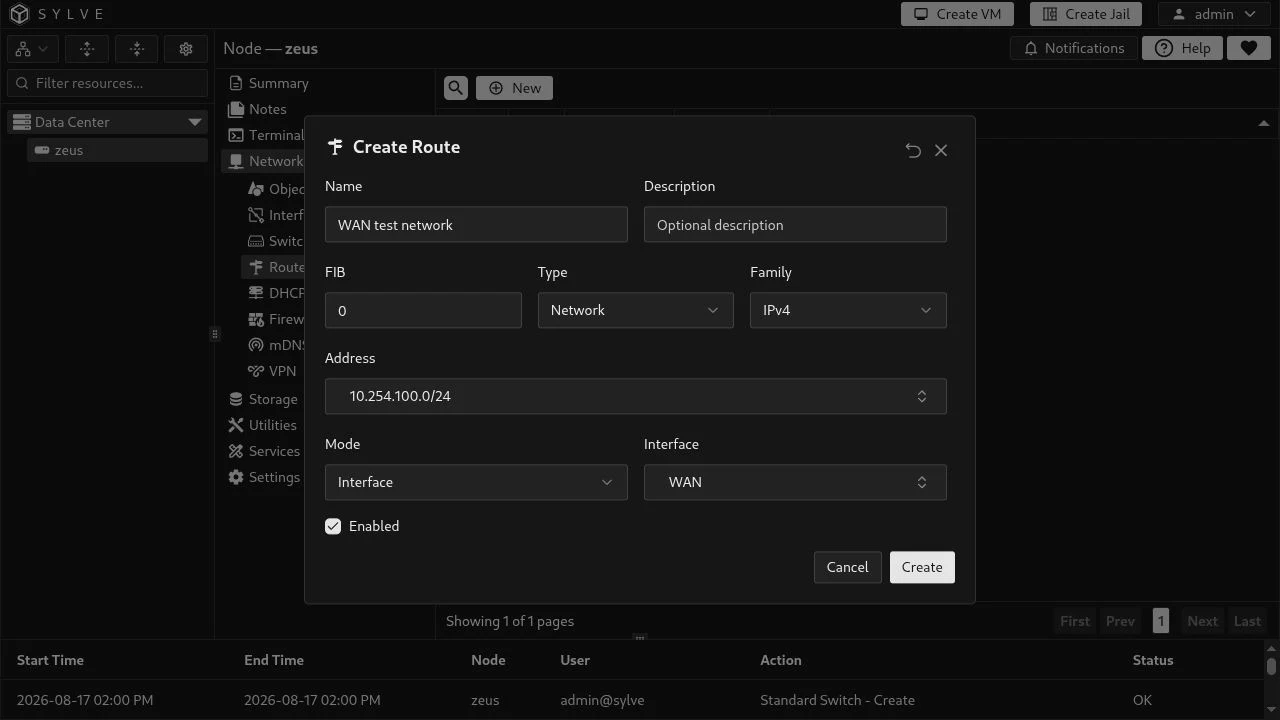 Create Route modal for the 10.254.100.0/24 network through WAN using Interface mode