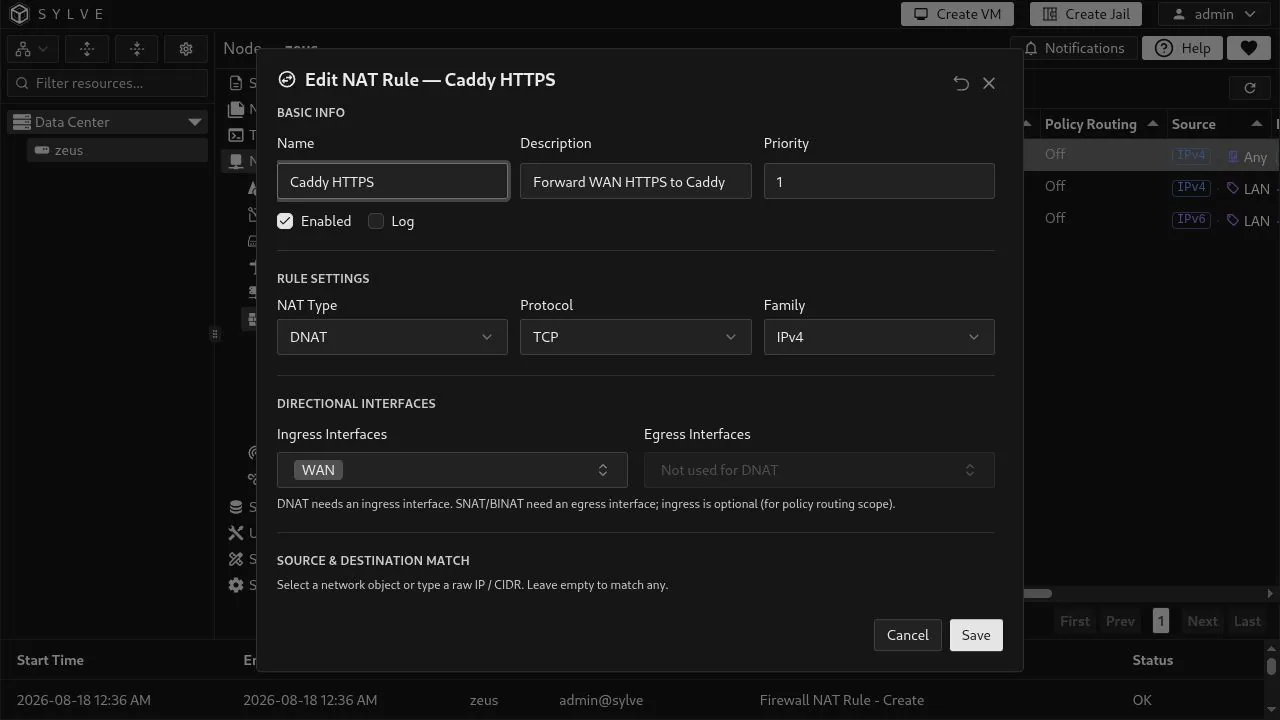 Caddy HTTPS DNAT rule configured for TCP IPv4 traffic entering WAN