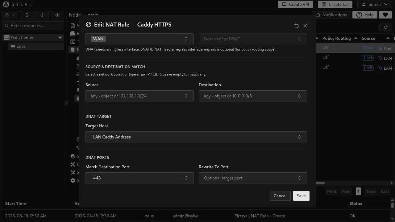 Caddy HTTPS DNAT target set to LAN Caddy Address with destination port 443