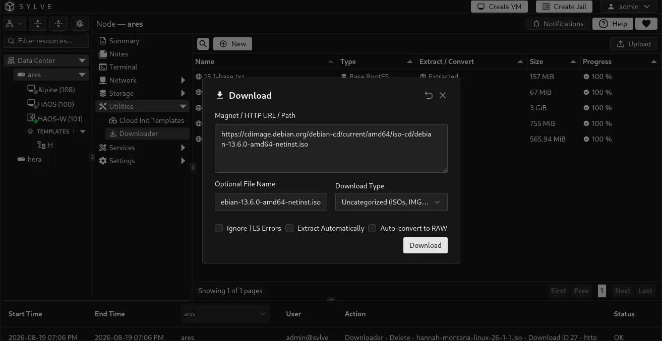 New Download dialog with an HTTPS image URL and processing options