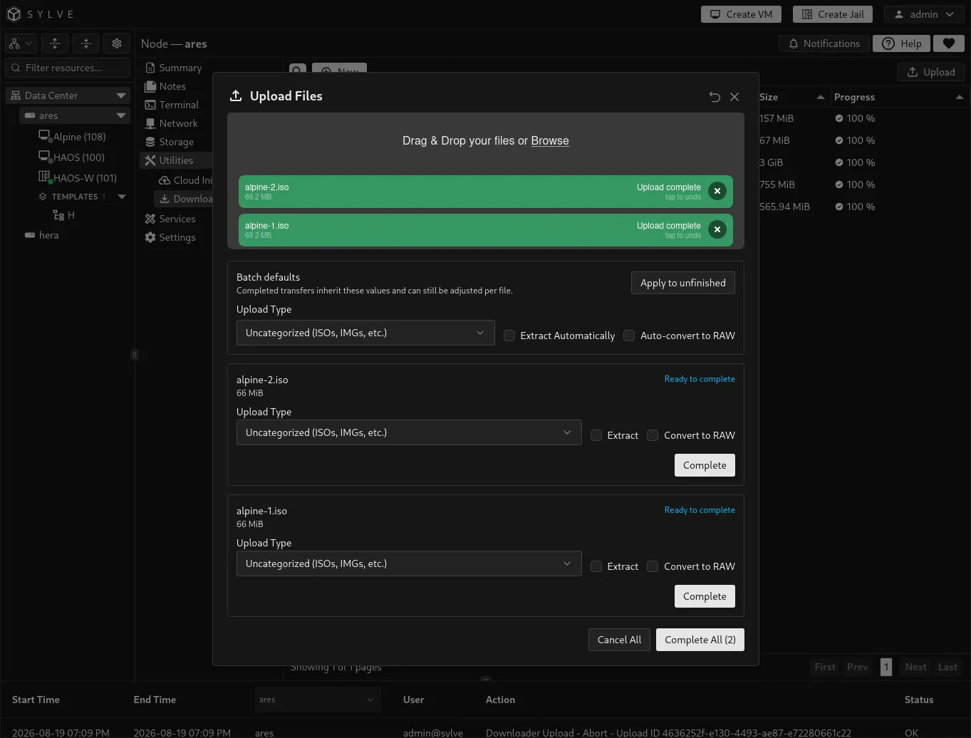 Upload dialog with staged files, batch defaults, and per-file completion controls