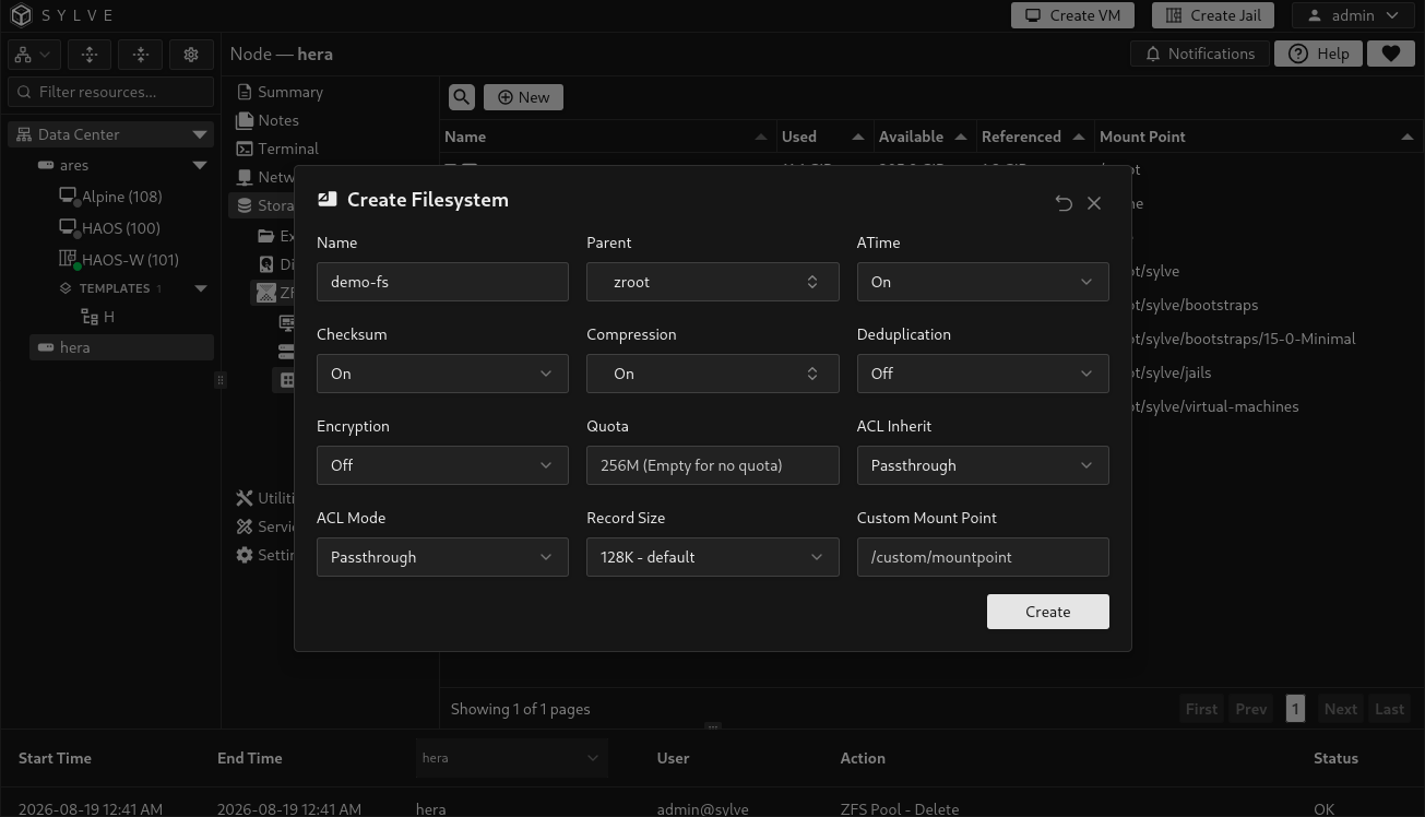 Create Filesystem dialog in Sylve with a parent dataset selected and filesystem properties populated