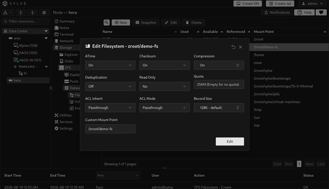 Edit Filesystem dialog in Sylve showing compression, quota, ACL settings, record size, and a custom mount point