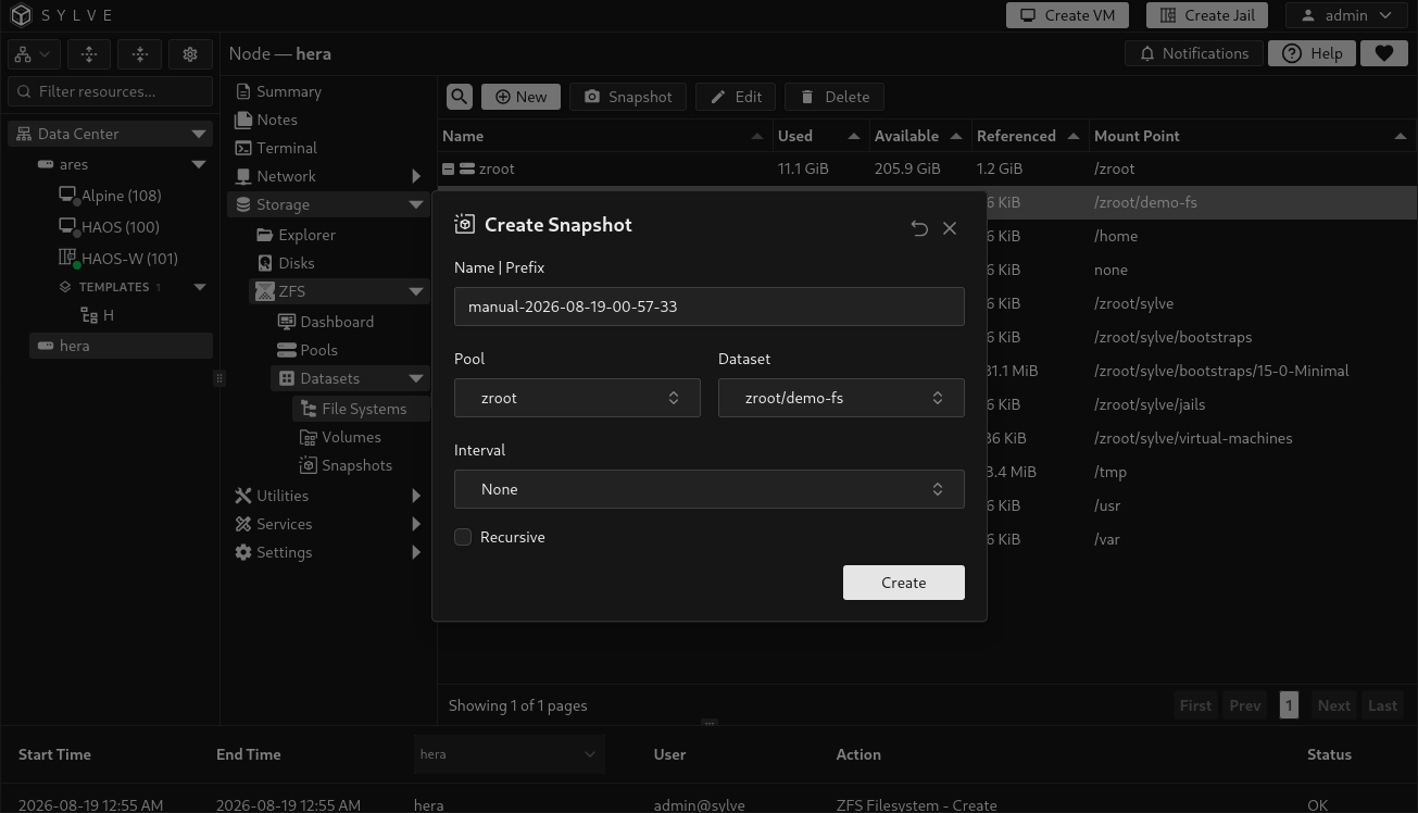 Filesystems page with a non-root filesystem selected and the Snapshot toolbar action visible
