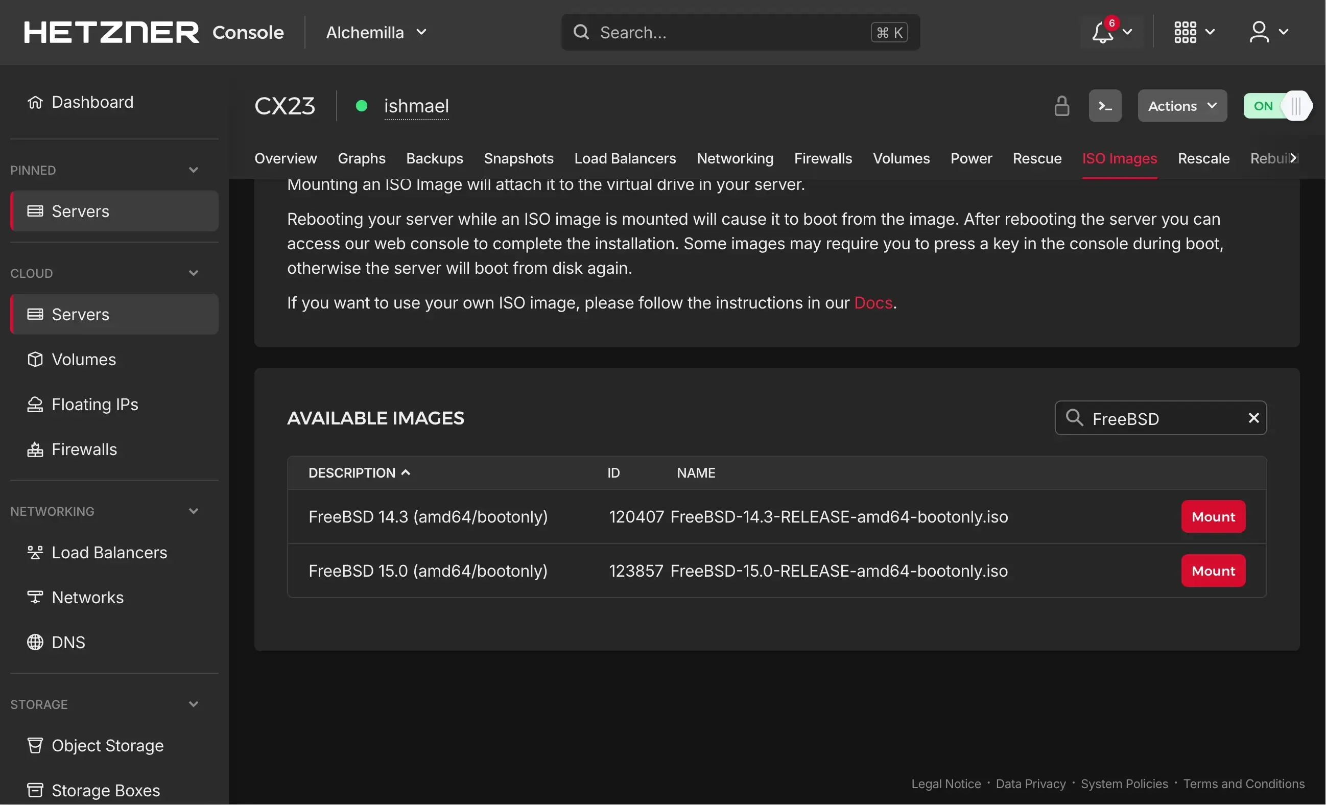 Mounting FreeBSD ISO on Hetzner Cloud