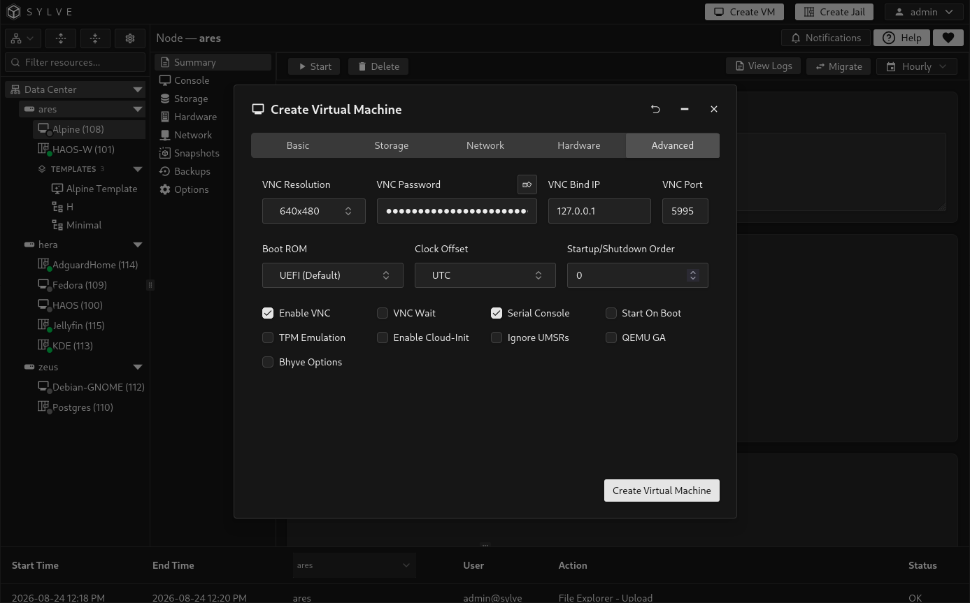 Create Virtual Machine Advanced tab with UEFI, VNC, and Serial Console enabled while Start On Boot and QEMU GA remain disabled