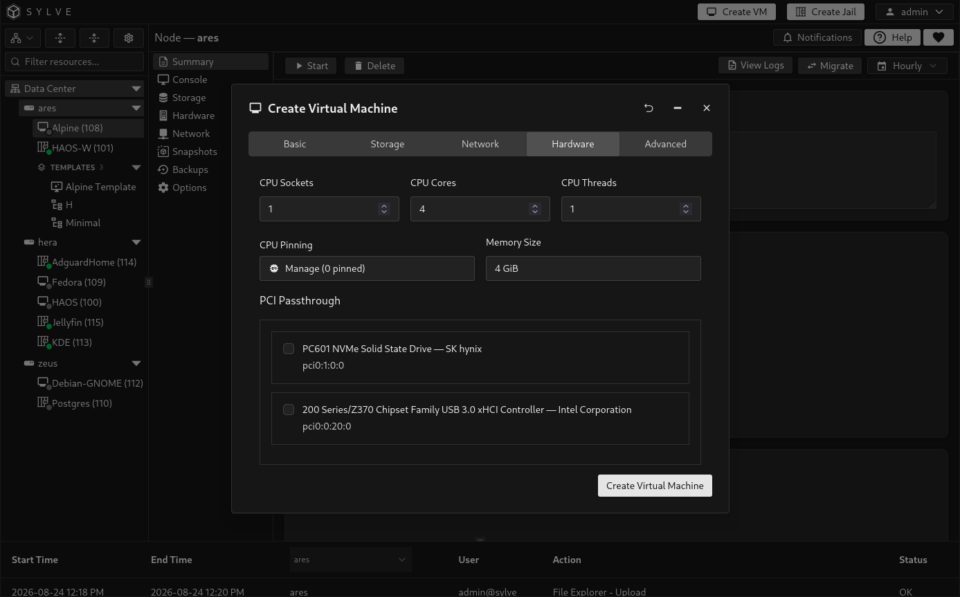 Create Virtual Machine Hardware tab with one socket, four cores, one thread, 4 GiB of memory, and no PCI passthrough devices selected