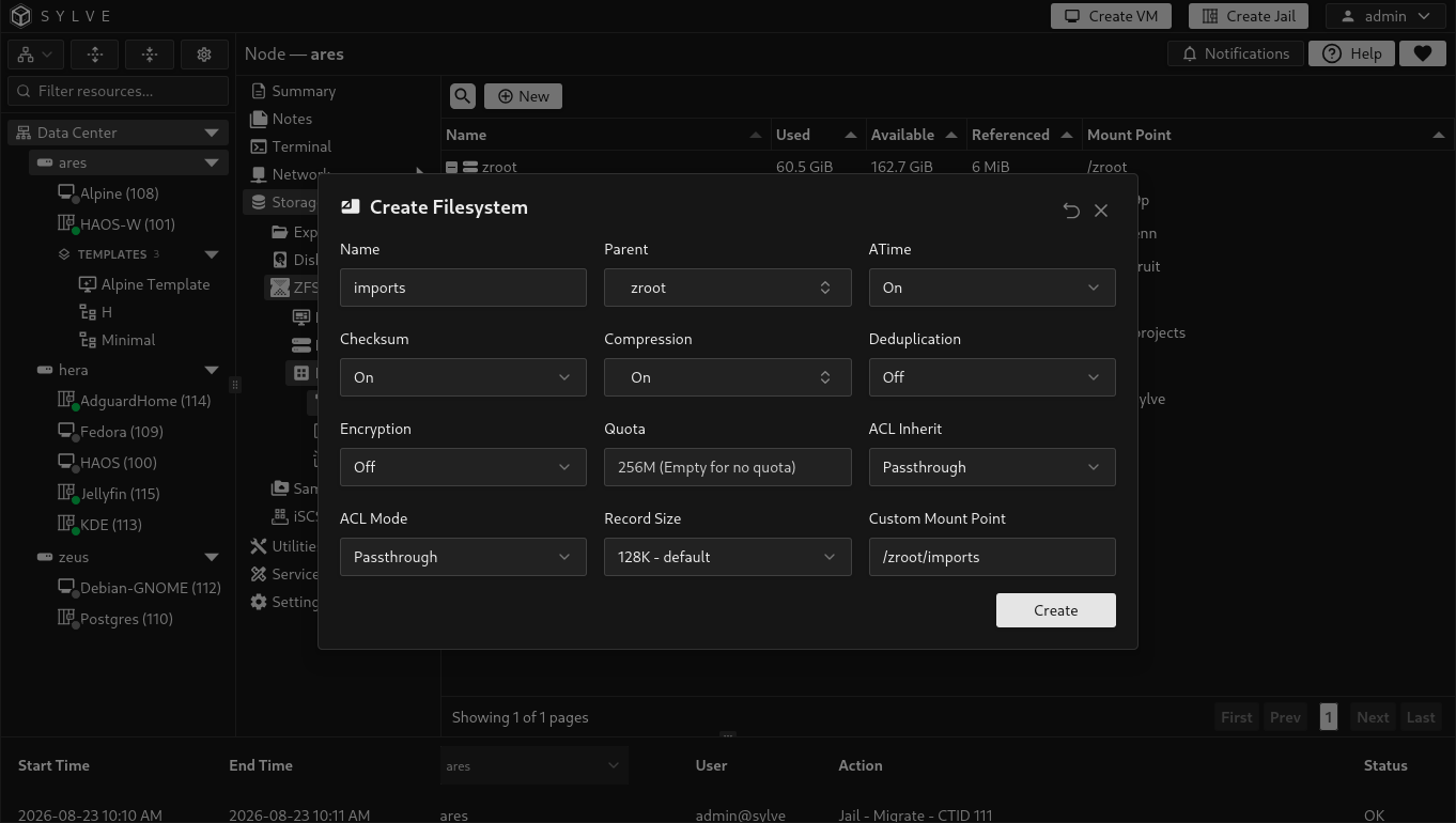 Create Filesystem dialog with imports beneath zroot, default storage properties, and /zroot/imports as the custom mountpoint