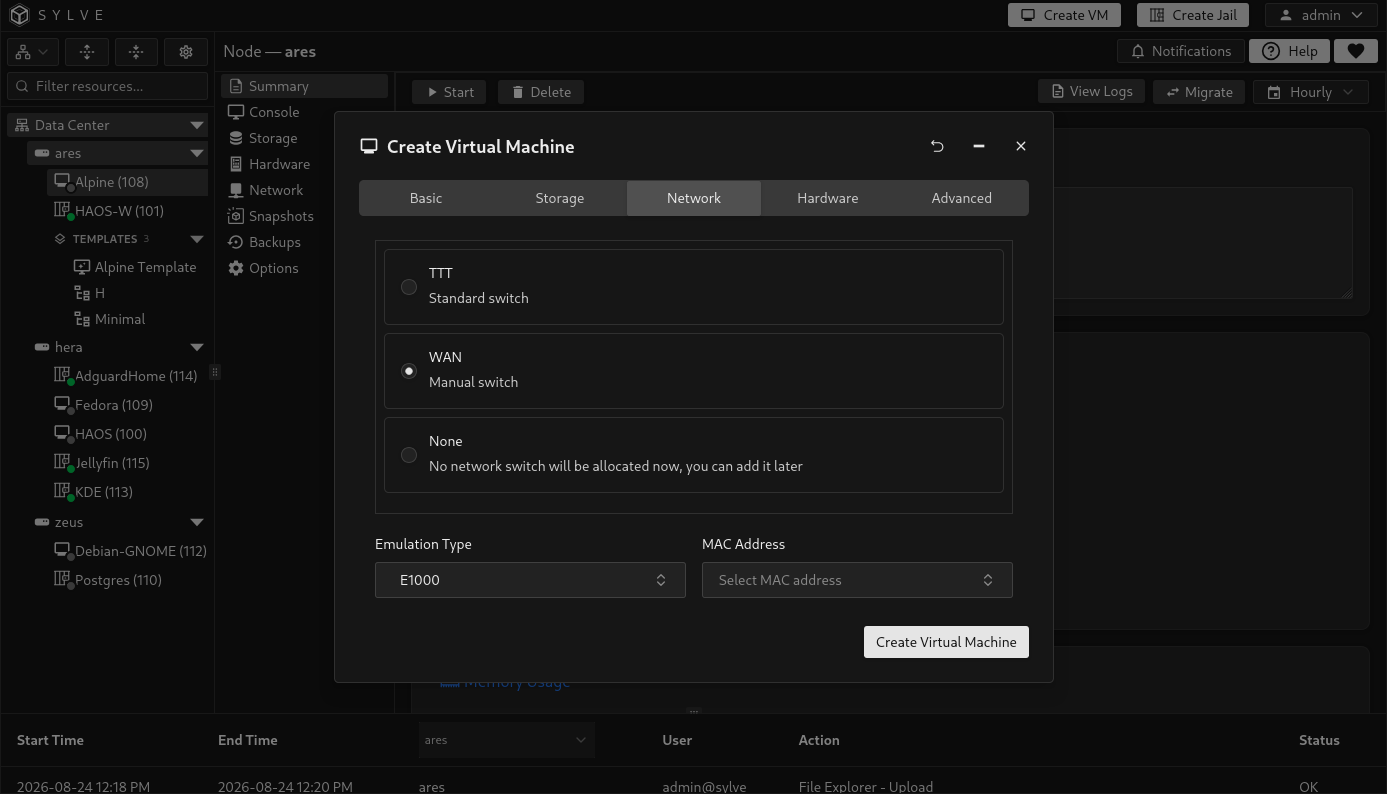 Create Virtual Machine Network tab with the WAN Manual Switch selected, E1000 emulation, and no manually selected MAC address