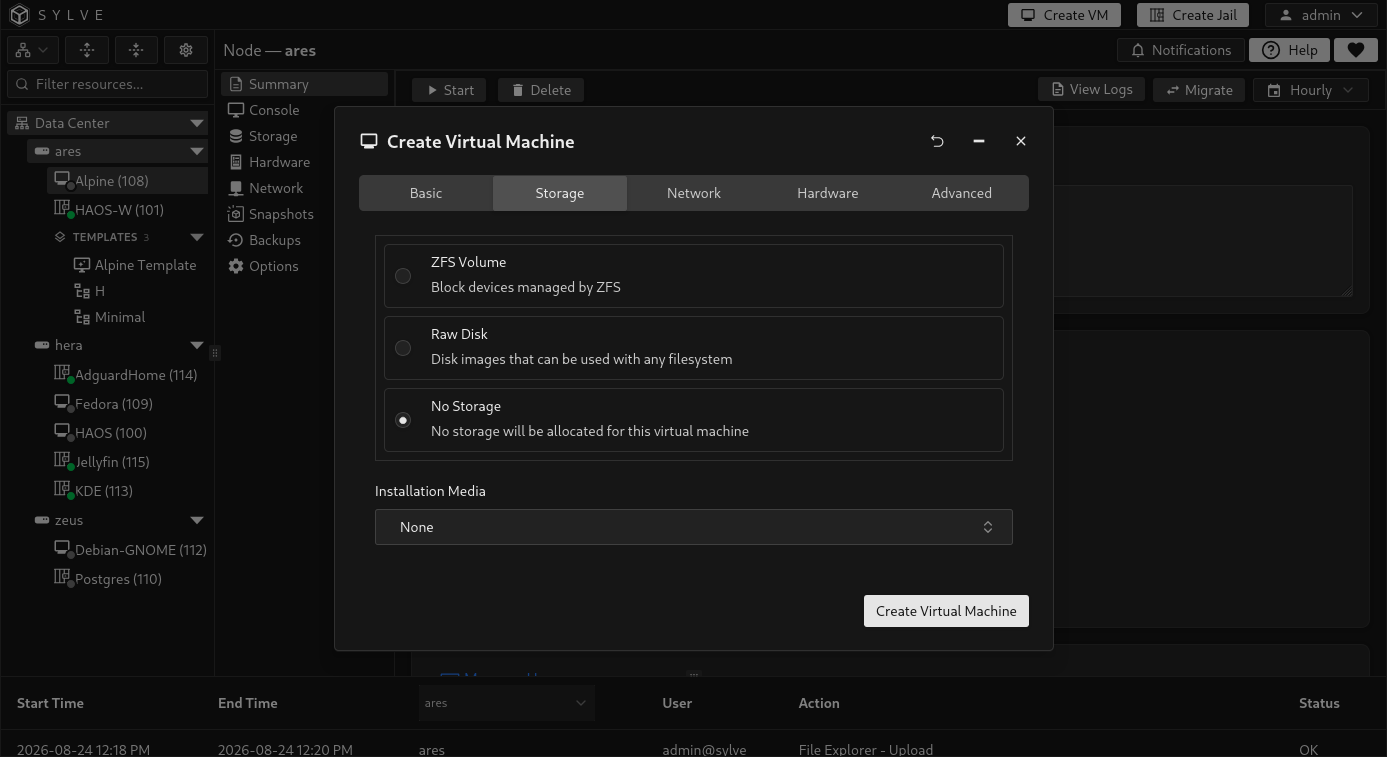 Create Virtual Machine Storage tab with No Storage selected and Installation Media set to None