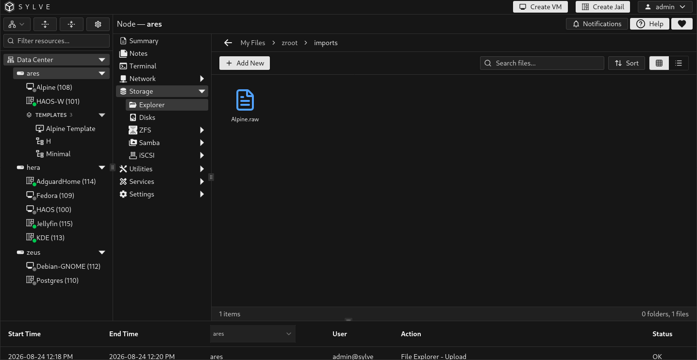 File Explorer at /zroot/imports showing the uploaded Alpine.raw file