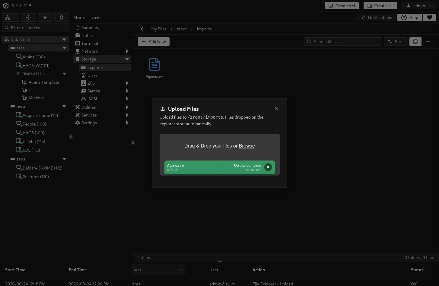 File Explorer upload dialog at /zroot/imports showing the 8.59 GB Alpine.raw upload as complete