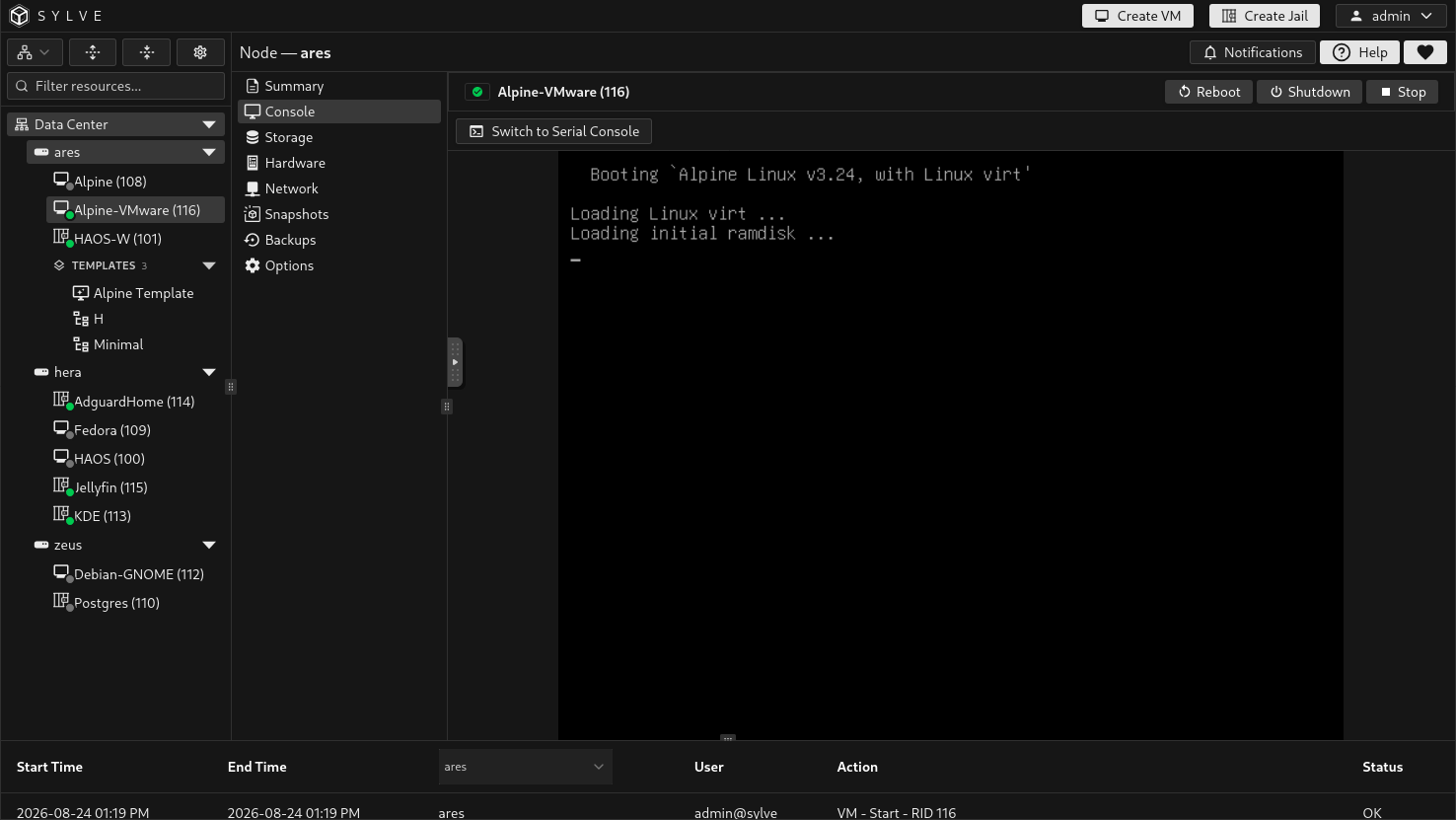 Sylve VNC console showing Alpine Linux loading its kernel and initial ramdisk from the imported disk