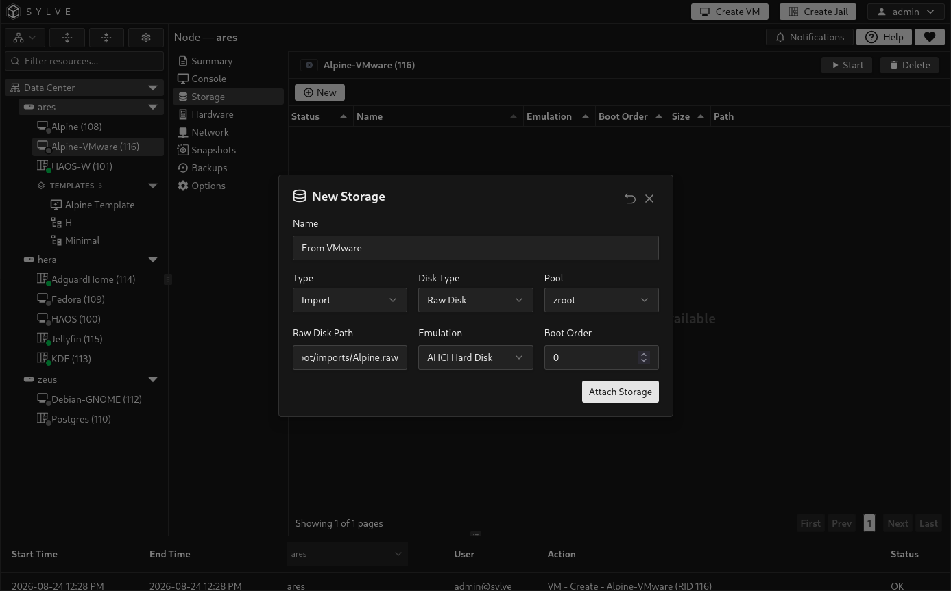 New Storage dialog importing /zroot/imports/Alpine.raw into zroot as a Raw Disk with AHCI Hard Disk emulation and boot order 0