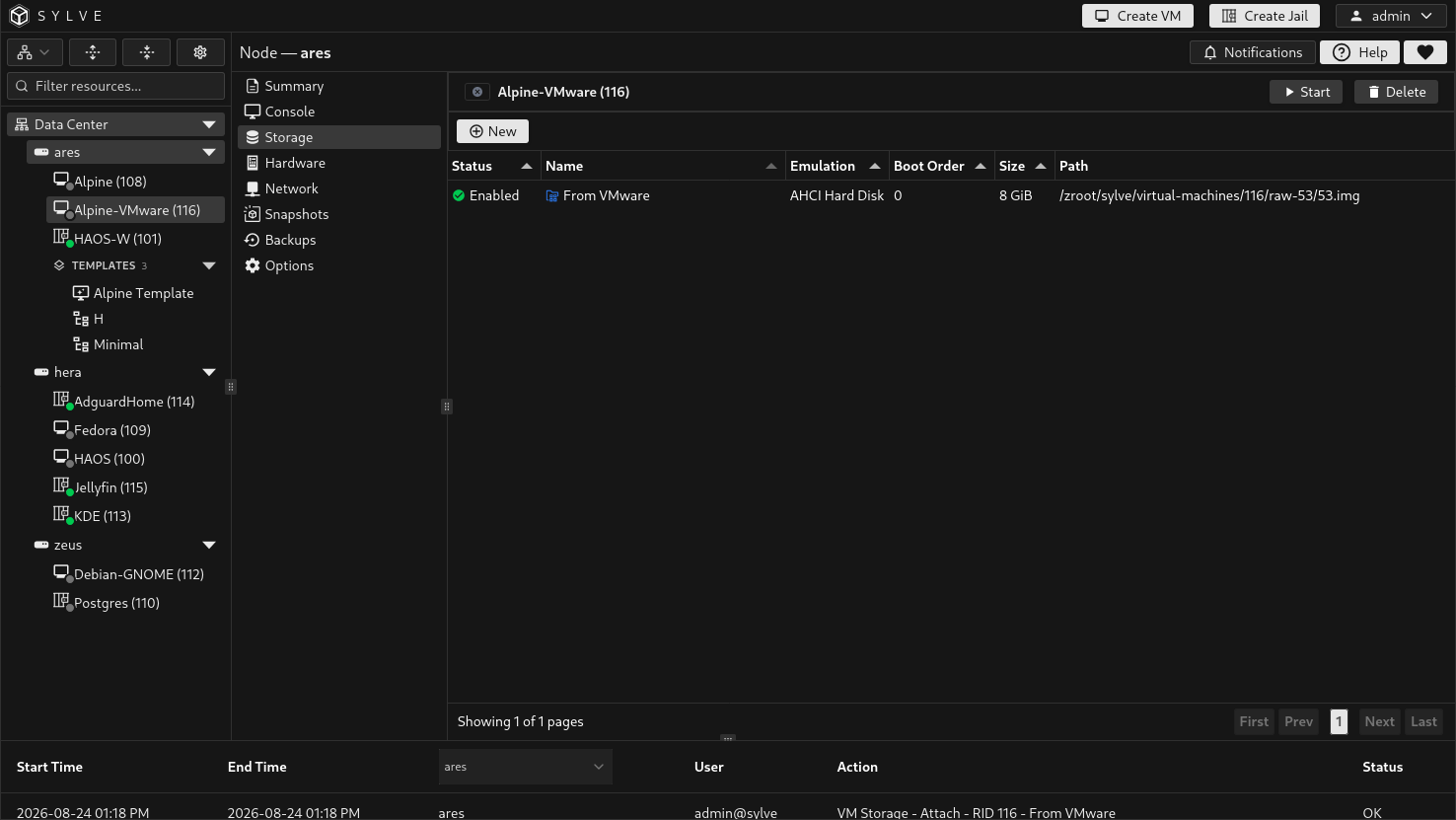 Alpine VMware VM Storage page showing an enabled 8 GiB Raw Disk named From VMware with AHCI Hard Disk emulation and boot order 0