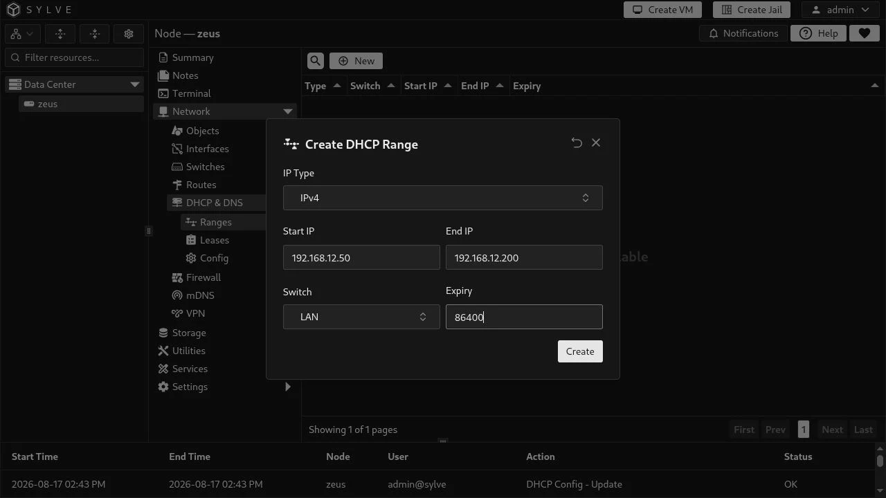 Create DHCP Range dialog for the LAN IPv4 pool from 192.168.12.50 to 192.168.12.200