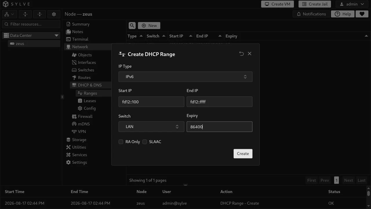 Create DHCP Range dialog for the LAN IPv6 pool from fd12::100 to fd12::ffff