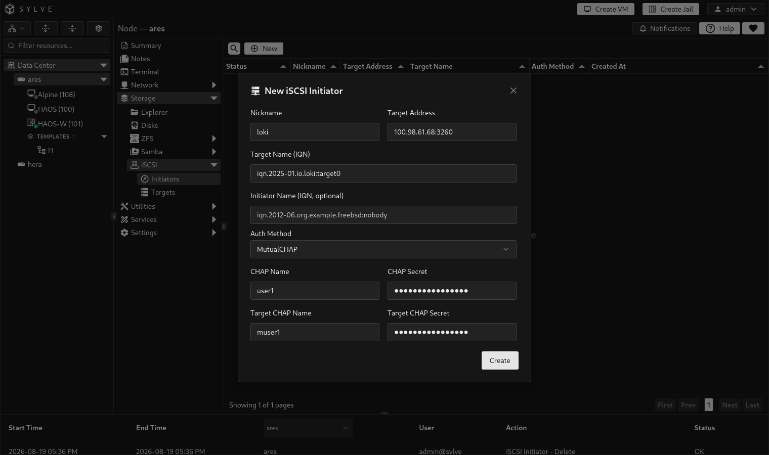 New iSCSI Initiator dialog with a nickname, remote target address and IQN, optional initiator IQN, and CHAP authentication settings