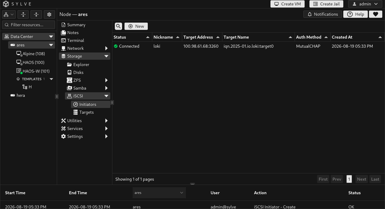 iSCSI Initiators table showing a connected target with its nickname, portal address, IQN, authentication method, and creation date