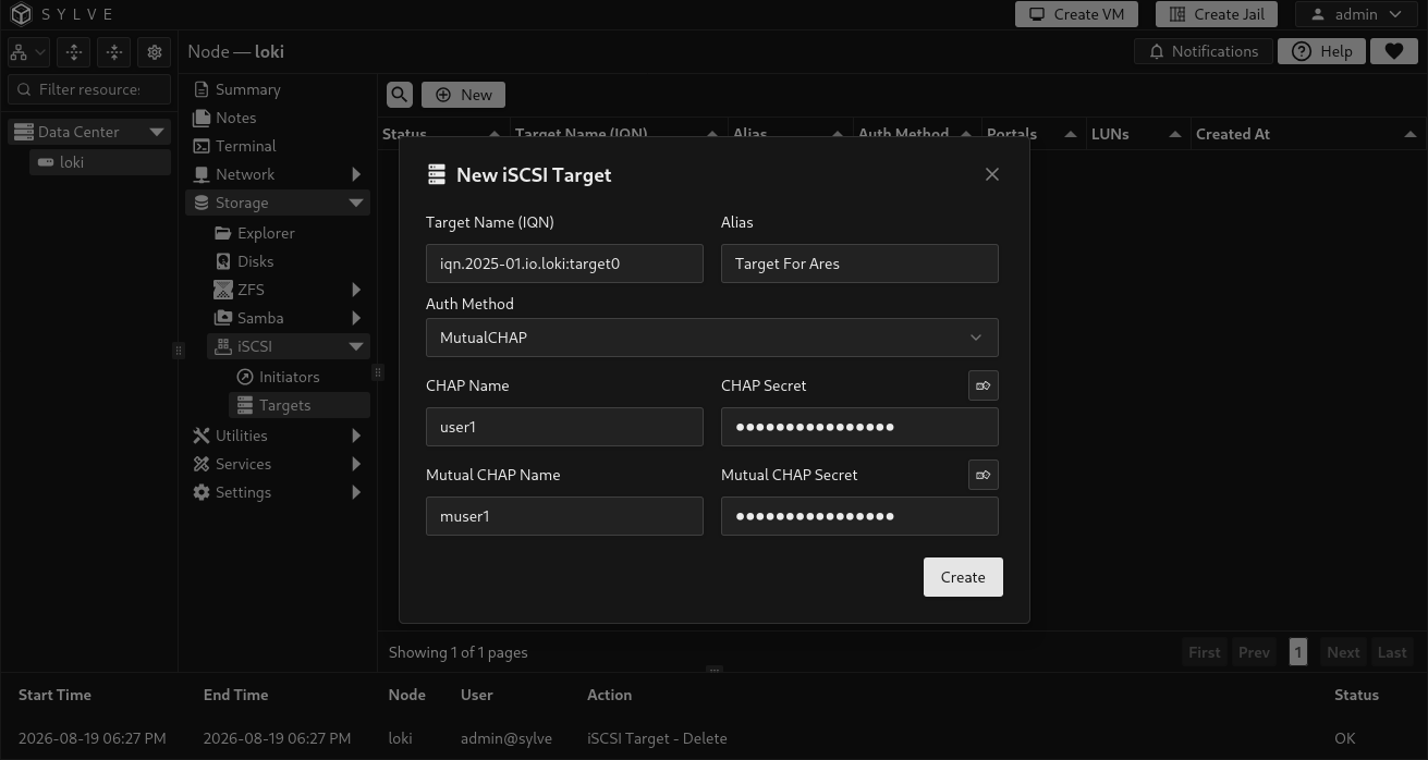 New iSCSI Target dialog with an IQN, alias, MutualCHAP authentication, and CHAP credential fields